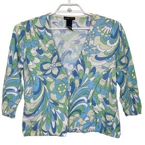 Vibtage NY & Co Cardigan Sweater Blue Floral Heart Print L Retro‎ Y2K Sequins